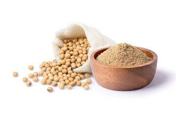 Wall Mural - Soybeans protein powder in wooden bowl and dry soy bean in sack bag isolated on white background. 