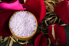 Surrounded By Red Rose Petals, Crumbly Lilac Bath Salt, In A Wooden Jar, For Relaxation