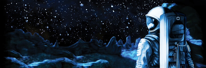 Wall Mural - astronaut on a strange planet / illustration a person in a spacesuit, looking at planet landscape. s