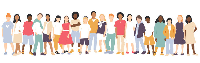 Children of different ethnicities stand side by side together. Flat vector illustration.