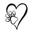 Black line doodle heart paw. Vector Outline illustration. Nature monochrome line art design. Hand drawn simple linear art