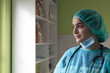 portrait of the female surgeon after an operation on animal hospital clinic surgery room