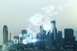 © Pixels Hunter - Double exposure of abstract virtual robotics technology with world map hologram on Los Angeles city skyscrapers background. Research and development software concept
