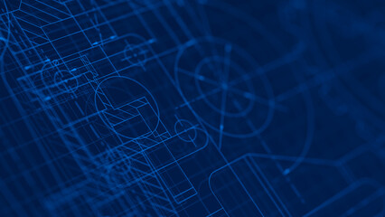 Fototapete - Blueprints engineer technician design drawing mechanical gear engineering Engine factory Industry Industrial technology project abstract presentation cover banner background. 3d rendering.