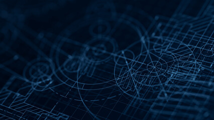 Fototapete - Blueprints engineer technician design drawing mechanical gear engineering Engine factory Industry Industrial technology project abstract presentation cover banner background. 3d rendering.