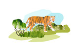 Fototapeta Dinusie - Summer landscape with tiger and bushes. Bright hand draw vector Illustration with plants and animal for print, banner, sticker. Collage with watercolor texture