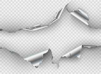 ragged hole torn in ripped metal on transparent background