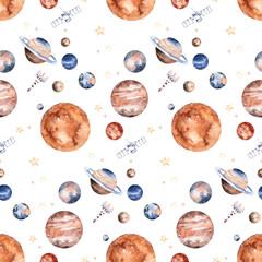 Astronaut seamless pattern. Universe kids Baby boy girl elephant, fox cat and bunny, space suit, cosmonaut stars, planet, moon, rocket and shuttle watercolor space ship background