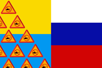 Danger traffic sign pattern with a military tank with the forbidden symbol, on the left side, with yellow and blue of the Ukraine flag and white, blue and red of Russian flag in the background.