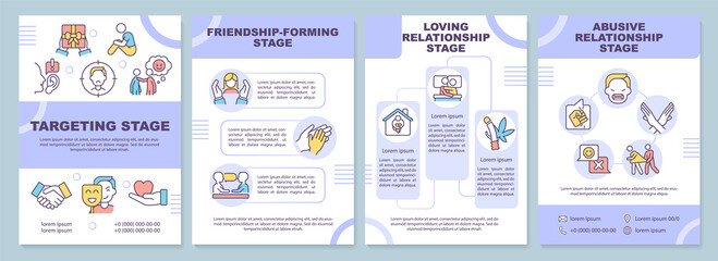 Emotional manipulation stages purple brochure template. Abuser. Leaflet design with linear icons. 4 vector layouts for presentation, annual reports. Arial-Black, Myriad Pro-Regular fonts used
