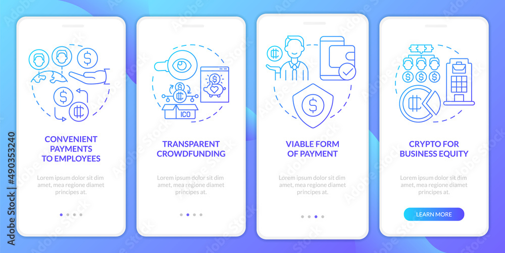 Crypto strong points in usage blue gradient onboarding mobile app ...