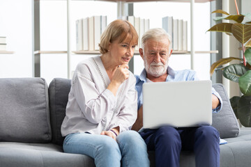 Wall Mural - senior couple using laptop computer on sofa