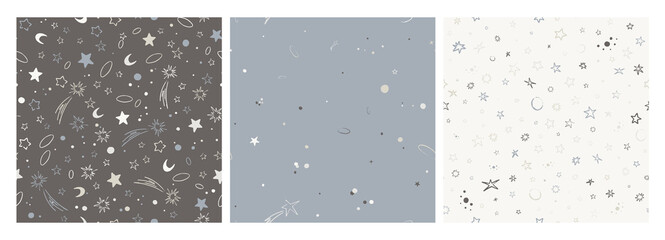 Wall Mural - Set of vector space seamless patterns with planets, comets, constellations and stars. Night sky hand drawn doodle astronomical backgrounds.