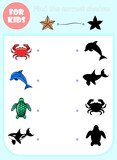 Fototapeta Dinusie - Find correct shadow vector cartoon template, educational game for kids, preschool learning concept book, doodle sea fish animal shape isolated set, elementary choose page, matching game for children.
