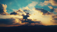 Sublime Sunshine Is Falling Through An Immense Cloud. Panoramic View Of A Night Or Solitude And The Cessation Of The Day