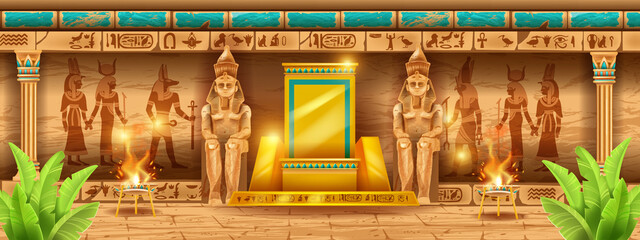 Wall Mural - Egypt temple background, vector ancient pharaoh pyramid wall, gold throne, gods mural silhouette. Ancient civilization game interior, stone column, hieroglyphs, palace room. Egypt temple illustration