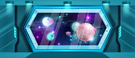 Space ship interior background, vector space station window view, game universe galaxy planet scene. Rocket metal futuristic frame, stars, starship corridor illustration. Neon space ship sci-fi banner