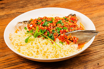 Wall Mural - Steamed fish head with diced hot red peppers