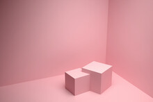 Two Spliced Pink Cubes In The Corner Of The Room With A Pink Floor And Pink Walls. Background For Placing Items. 3D Render.