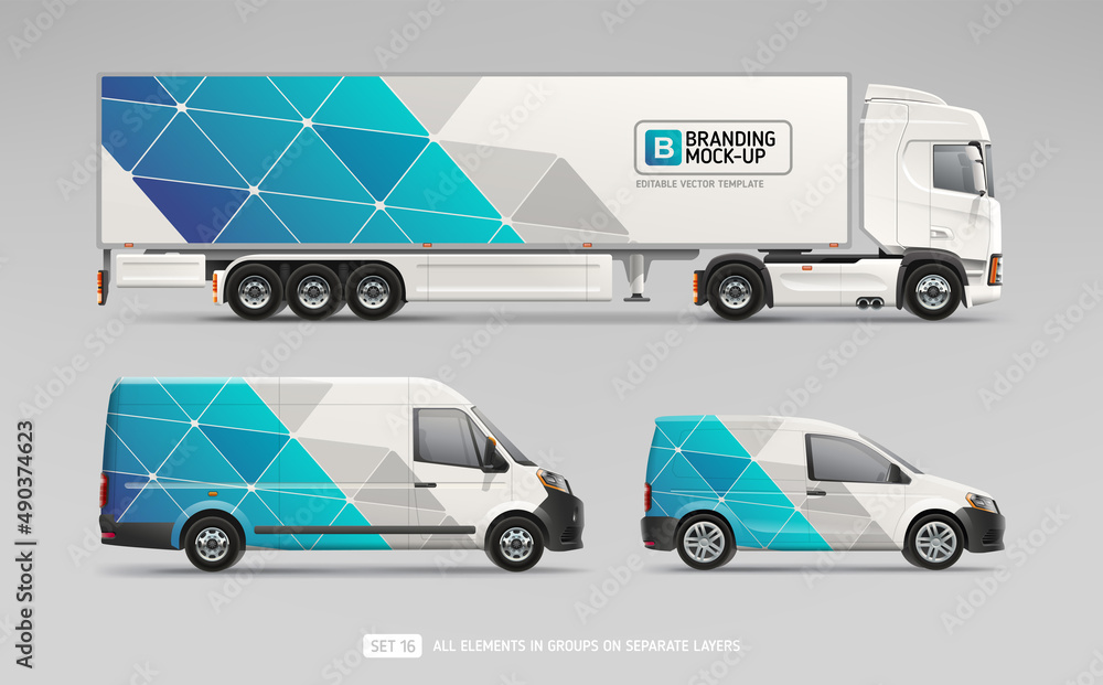 Vector Truck Trailer, Cargo Van, Delivery Car with branding design - realistic mock-up set. Abstract blue graphics design for Business Corporate identity on Company Cars. Set of delivery Transport