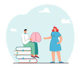 Wall Mural - student sitting on stack of books and holding brain. boy learning information from teacher flat vect