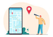 Tiny man with spyglass next to big phone with city map on screen. Mobile app showing route to destination flat vector illustration. Navigation, transportation, technology concept for banner