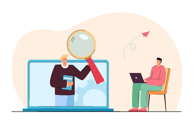 Wall Mural - big laptop screen with man holding magnifying glass. tiny person with computer sitting on chair flat