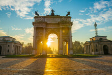 Peace Arch And Sforza Castle In Milan With Sunlight In Lombardy, Italy