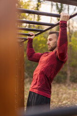 Wall Mural - Man doing pull ups while working out outdoors