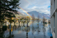 Flooding Street With A Rainbow And Bare Tree And Reflection In Locarno, Switzerland.