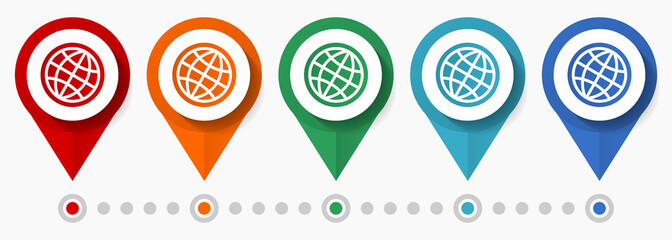 Poster - World, globe concept vector icon set, flat design earth pointers, infographic template easy to edit