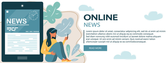 Wall Mural - Vector illustration. Flat header. Online news banner. Newsletter and information. Business and market news. Financial report and coffee on wooden table	