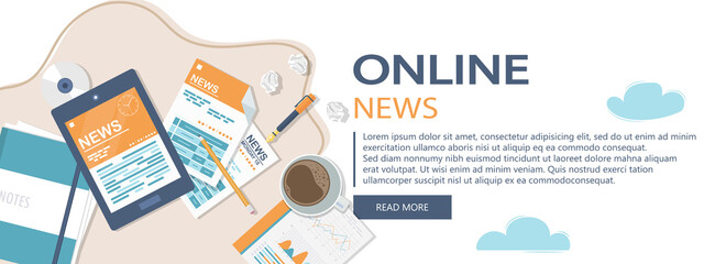 Wall Mural - Vector illustration. Flat header. Online news banner. Newsletter and information. Business and market news. Financial report and coffee on wooden table	