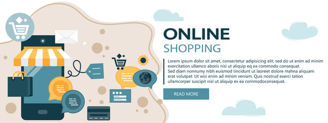 Wall Mural - On line shopping and payment Methods. Mobile payments. Pay per click and online order. Flat vector illustration. Website banner