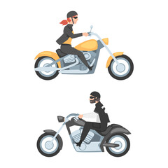 Poster - Bikers riding motorcycles set. Young men using two wheeled transport cartoon vector illustration