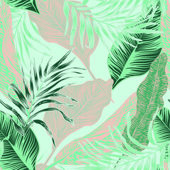  vector seamless stylish trendy tropical patterns with exotic leaves in custom bright colors. Vector lush foliage for stylish pattern surface design