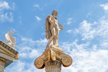 Athens, Greece. Column statue of god Apollo, one of the Olympian deities in classical Greek religion, in the modern Academy of Athens