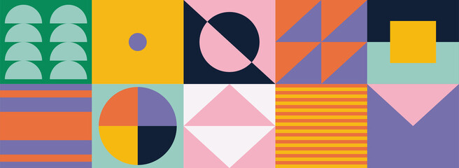 Mid-century abstract colorful pattern and simple geometric shapes flat vector illustration.