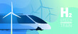 © bgpsh - Green Hydrogen train vector illustration concept. Alternative energy and fuel source. Wind turbine, text H2 and passenger train. Abstract background for website banner, advertising campaign