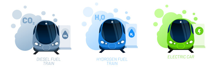 Wall Mural - gas station and train types vector illustration concept. petroleum, hydrogen and electric trains com