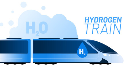 Hydrogen train and green energy vector illustration concept. Big blue vehicle with text H2 on the side with harmless water emission. Template for website banner, advertising campaign or news article.