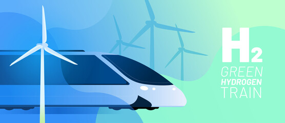 Wall Mural - green hydrogen train vector illustration concept. alternative energy and fuel source. wind turbine, 