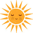 Yellow Doodle sun with closed eyes, nature illustration with  beams, happy hand drawn character
