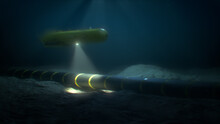 Autonomous Underwater Vehicle (AUV) Rover-drone Inspecting A Submarine Internet Communication Cable On The Seabed In The Ocean (3d Illustration)