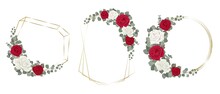 Vector Set Of Different Golden Frames And Red Flowers. Red And White Roses, Eucalyptus, Green Plants And Flowers