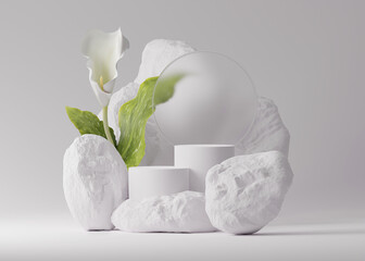 Wall Mural - 3D display podium white background and stone. Flower with green leaf and rock frame. Nature Blossom minimal pedestal for beauty, cosmetic product presentation.Feminine, organic mock up, 3d render