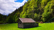 Frühling in den Bergen. Hütte auf einem hellgrünen Gras Teppich, immergrüner Wald und blauer Himmel voller Wolken Hintergrund.  Entspannende ländliche Landschaft. Wandern in Bayern Alpen, Deutschland.