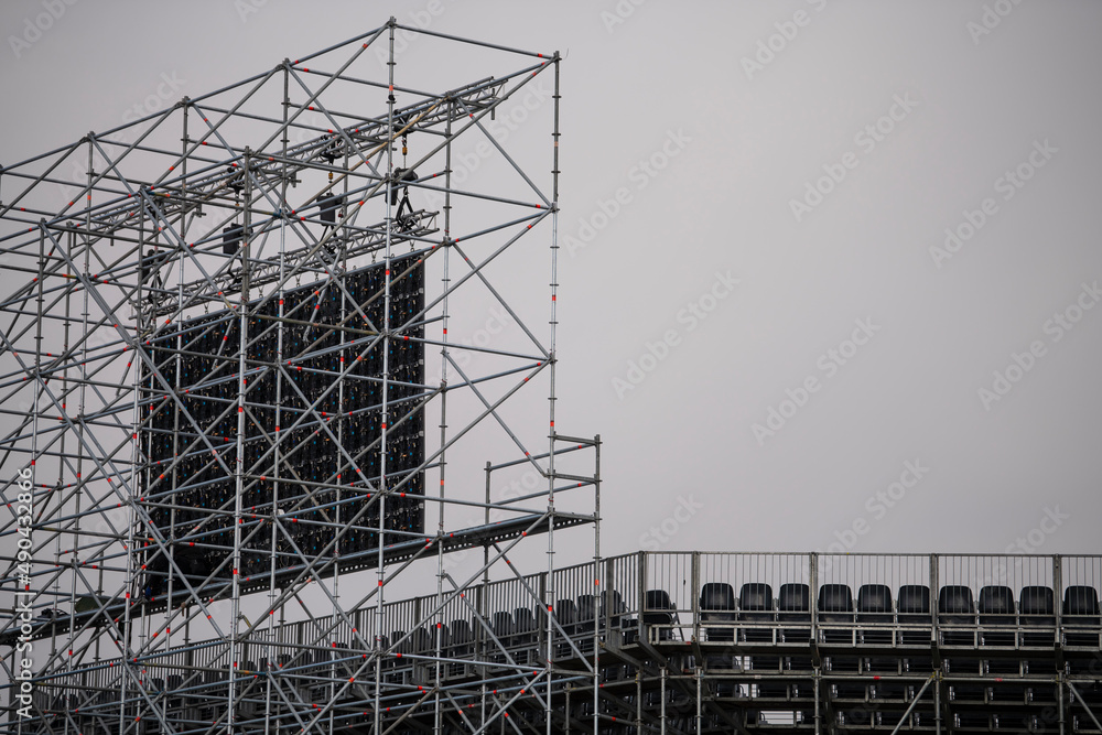 Led screen installed on the stadium before multimedia event. Empty ...
