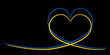 Niebieskie i żółte serce - kolory flagi Ukrainy.  Wsparcie dla Ukrainy. Stop wojnie. Czarne tło z ilustracją wektorową z miejscem na tekst.
