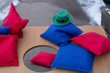 Cornhole Game Or Bean Bag Game Sacks With An Irish St. Patrick's Day Hat.  Ready To Celebrate St. Patty's Day.  Luck Of The Irish.
